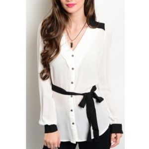 White & Black Contrast Button Up Blouse Tie Waist Long Sleeve Top.